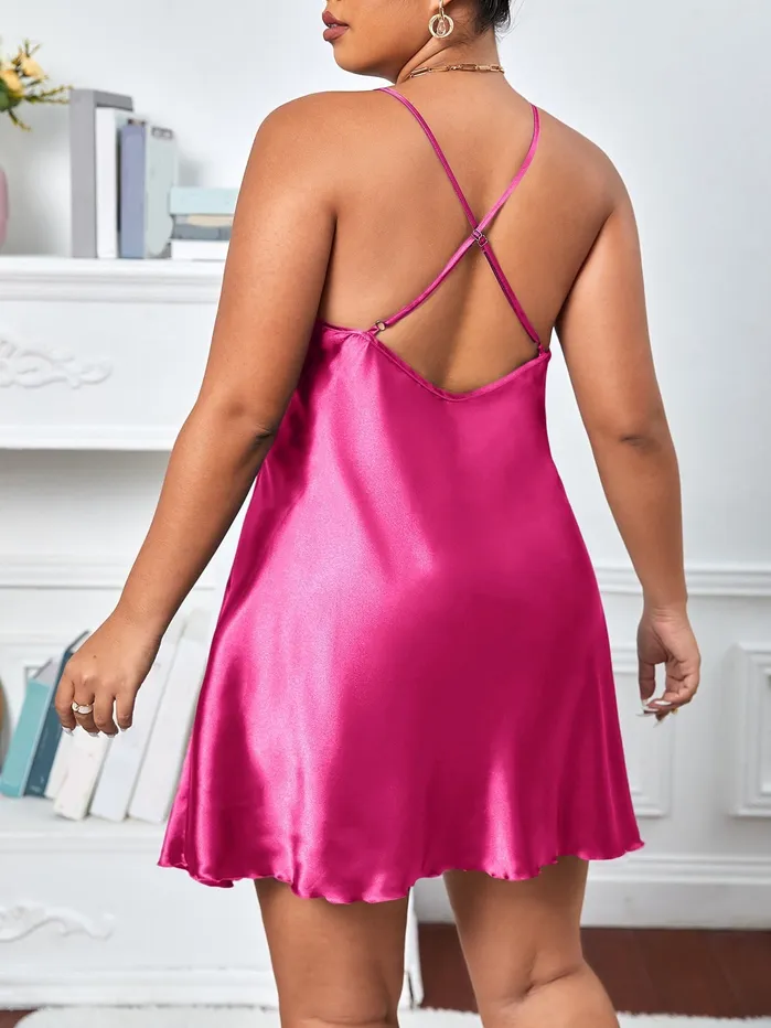 SHEIN Plus Crisscross Backless Satin Cami Night Dress hot pink Vibrators