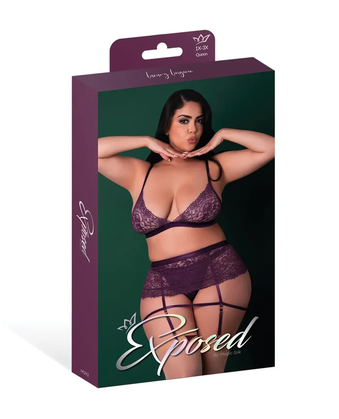 Teddies And Bodies Leather Lace Stretch Mesh and Lace Bralette wGarter Thong 3 pc Set Plum 2X Magic Moments Intl