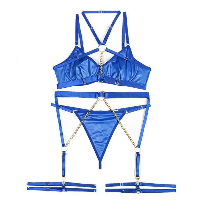 House of Dasein Bondage Clothing Pvc Faux Latex Strappy Chain Bondage Fetish Lingerie Women Black Blue Light Pink Couples