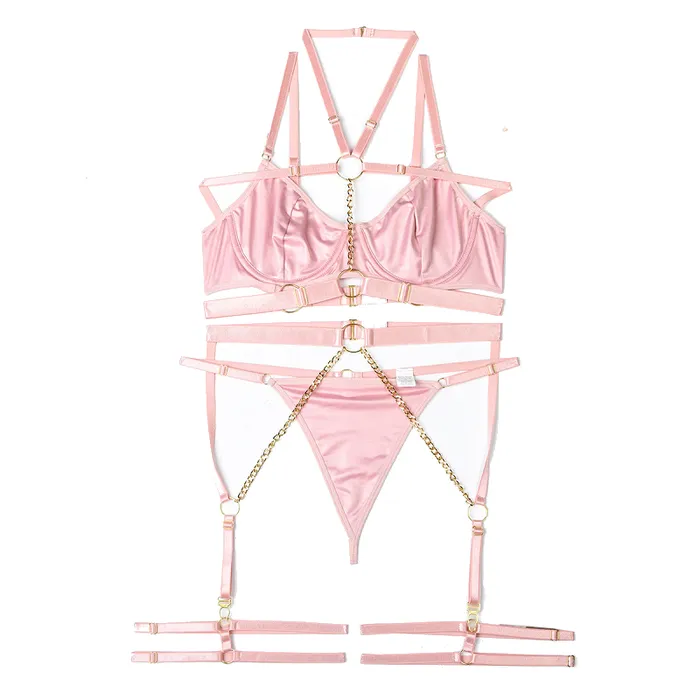 House of Dasein Bondage Clothing Pvc Faux Latex Strappy Chain Bondage Fetish Lingerie Women Black Blue Light Pink Couples