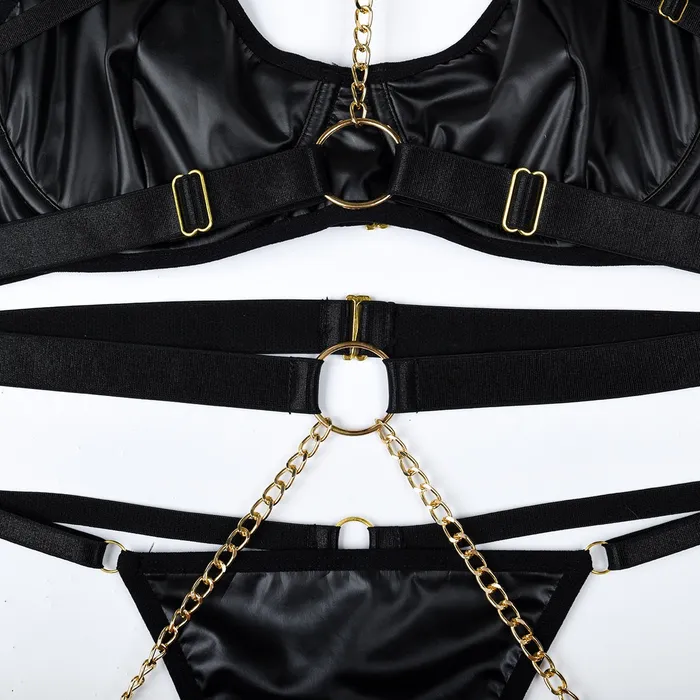 House of Dasein Bondage Clothing Pvc Faux Latex Strappy Chain Bondage Fetish Lingerie Women Black Blue Light Pink Couples