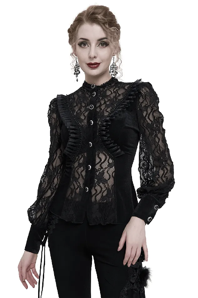 EVEs SECRETS Anal Gothic Black Lace Ruffle Blouse with Stand Collar for Women EVEs SECRETS Anal Gothic Black Lace Ruffle Blouse with Stand Collar for Women