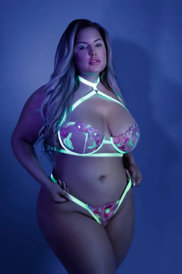 Fantasy Lingerie Female Sex Toys Fantasy Lingerie Glow In a Trance Bra Garter Belt Gstring Neon Green Queen Size