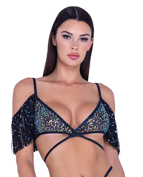 Roma Costume INC Anal Sequin Fishnet Fringe Top BlackMulti