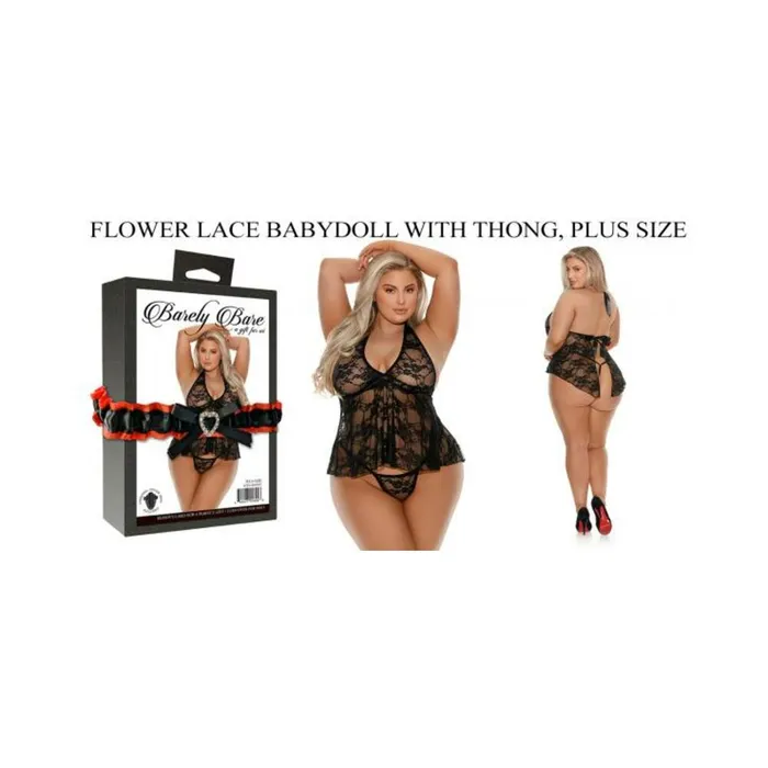 Barely Bare Flower Lace Babydoll With Thong Plus Size Black Evolved Teddies And Bodies Barely Bare Flower Lace Babydoll With Thong Plus Size Black Evolved Teddies And Bodies