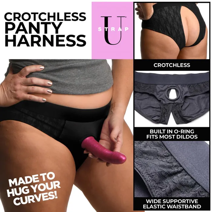 Lace Envy 3XL Crotchless Panty Harness Black Strap U Female Sex Toys