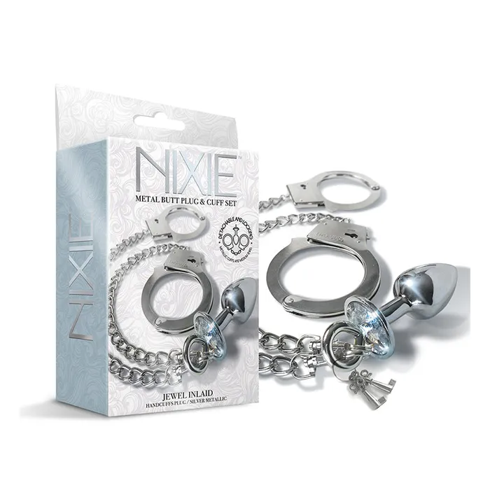 Nixie Metal Butt Plug Handcuffs Set Silver Global Novelties LLC Anal