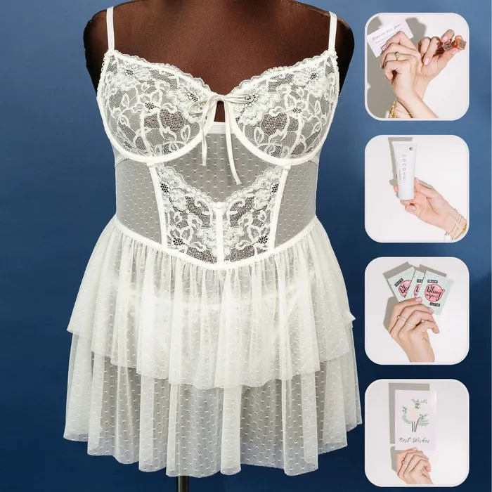 Couples Bridal Bundle Lace Mesh Bustier Tiered Babydoll Iridescent Cream Mentionables Couples Bridal Bundle Lace Mesh Bustier Tiered Babydoll Iridescent Cream Mentionables