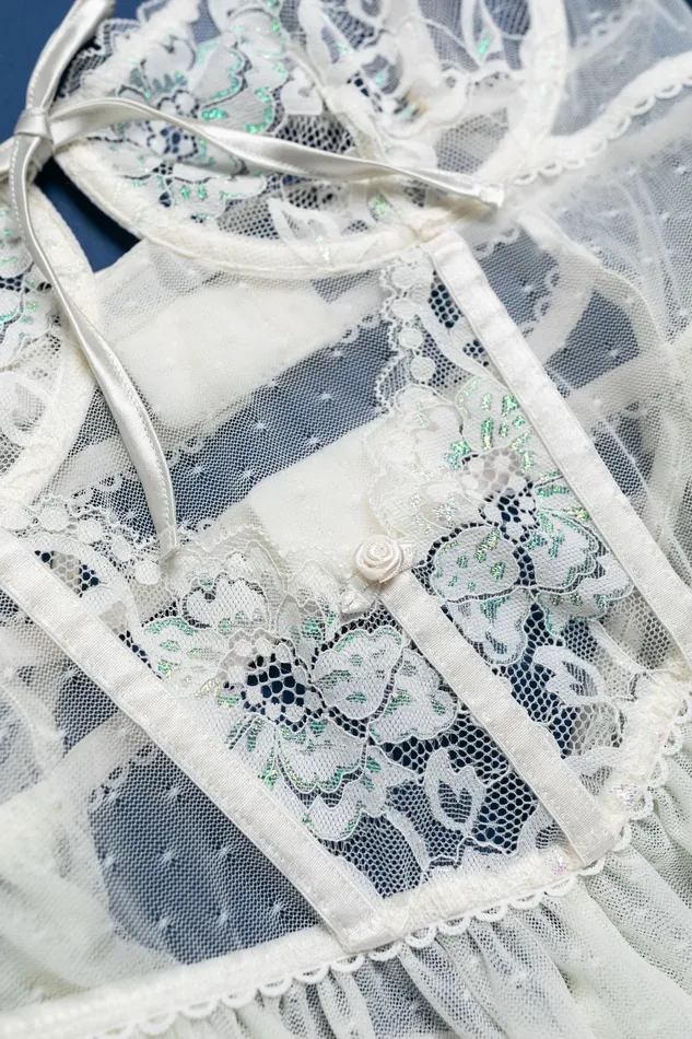 Couples Bridal Bundle Lace Mesh Bustier Tiered Babydoll Iridescent Cream Mentionables