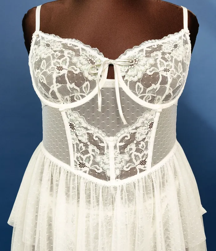 Couples Bridal Bundle Lace Mesh Bustier Tiered Babydoll Iridescent Cream Mentionables