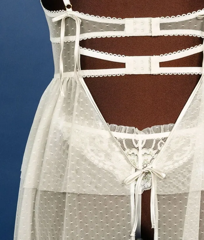 Couples Bridal Bundle Lace Mesh Bustier Tiered Babydoll Iridescent Cream Mentionables