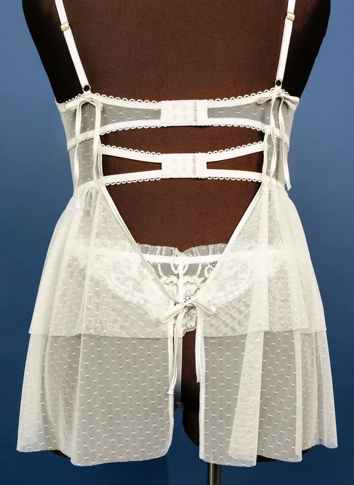 Couples Bridal Bundle Lace Mesh Bustier Tiered Babydoll Iridescent Cream Mentionables