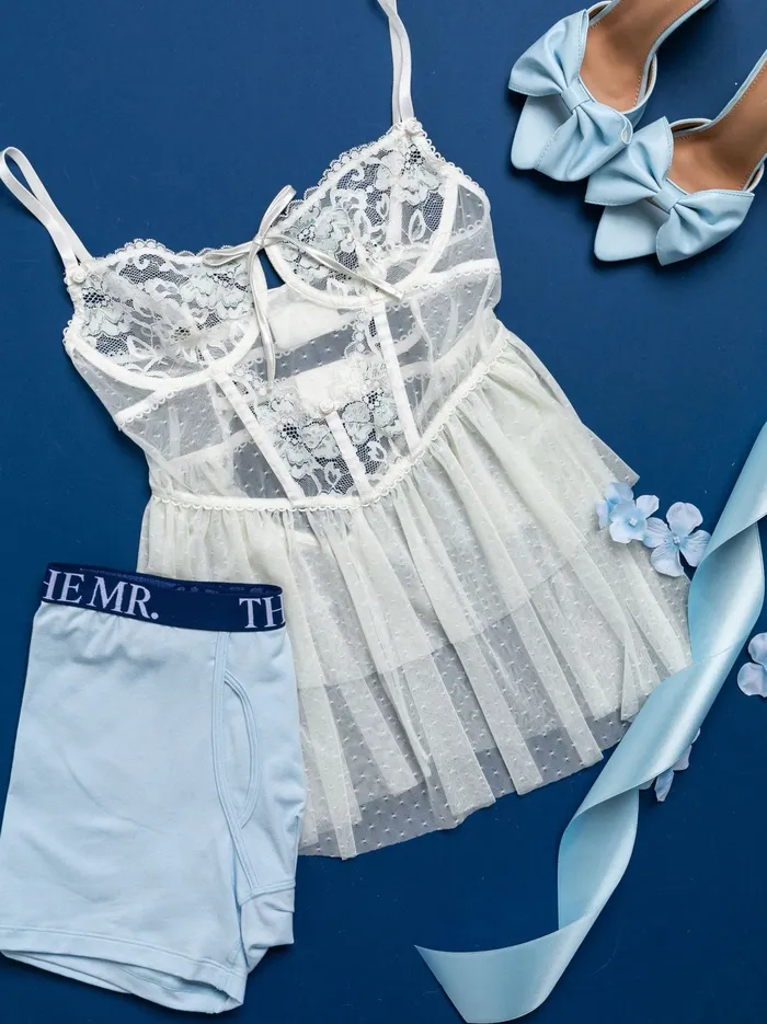 Couples Bridal Bundle Lace Mesh Bustier Tiered Babydoll Iridescent Cream Mentionables