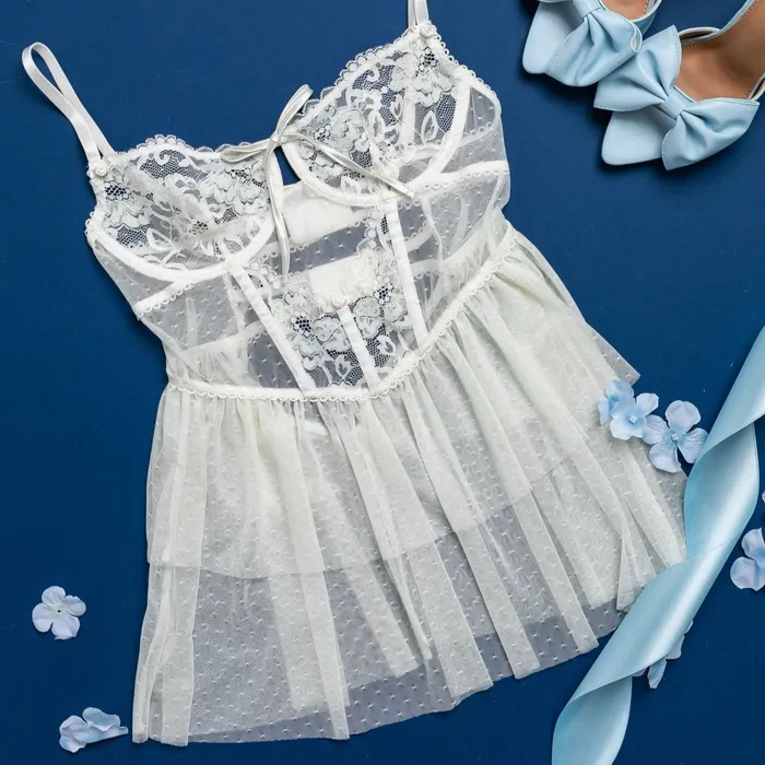 Couples Bridal Bundle Lace Mesh Bustier Tiered Babydoll Iridescent Cream Mentionables