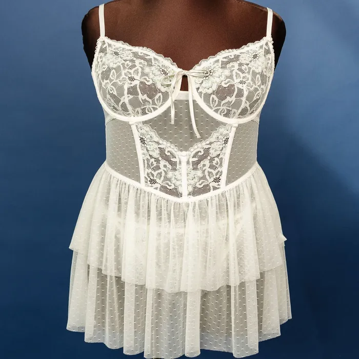 Couples Bridal Bundle Lace Mesh Bustier Tiered Babydoll Iridescent Cream Mentionables