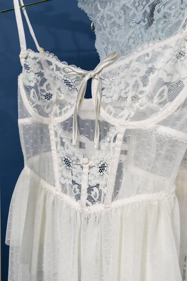 Couples Bridal Bundle Lace Mesh Bustier Tiered Babydoll Iridescent Cream Mentionables