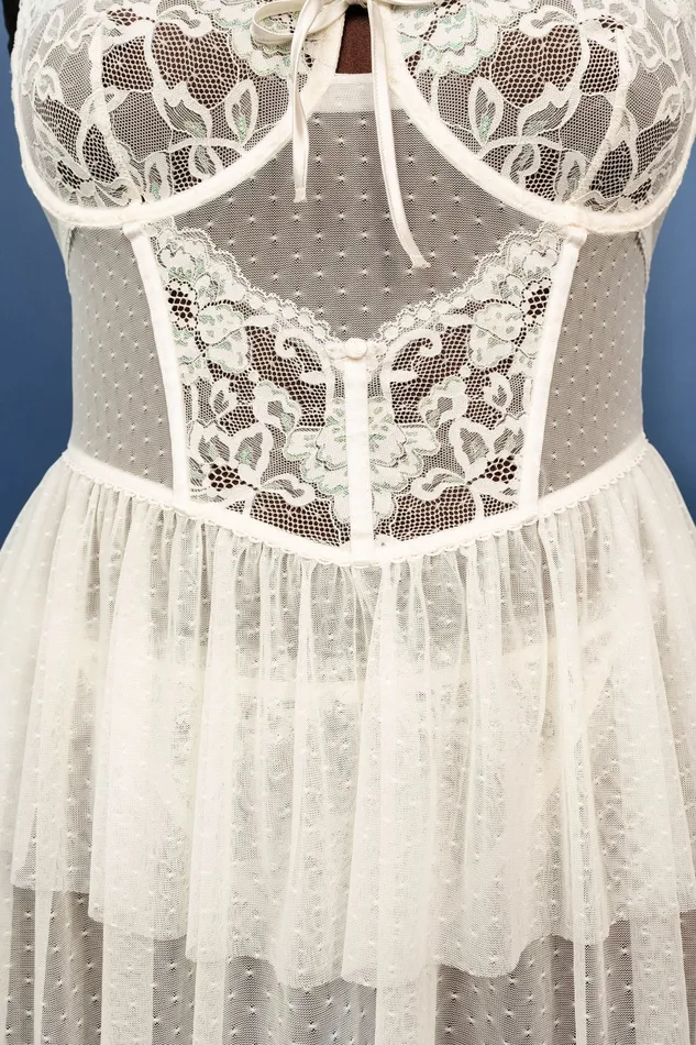 Couples Bridal Bundle Lace Mesh Bustier Tiered Babydoll Iridescent Cream Mentionables