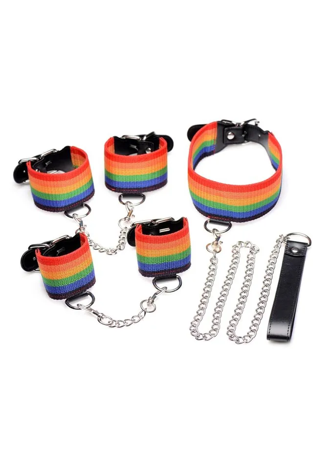 Master Series Restraints Kinky Pride Rainbow Bondage Set WristAnkle Cuffs and Collar with Leash Master Series Restraints Kinky Pride Rainbow Bondage Set WristAnkle Cuffs and Collar with Leash