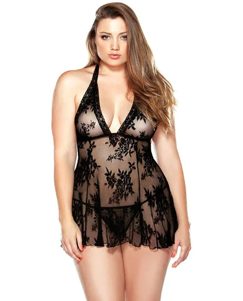 Open Desires Vibrators Curve Stretch Lace Chemise Matching GString Black