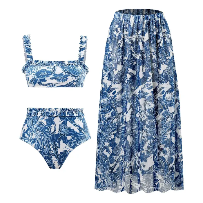 Sinderella Female Sex Toys Floral Blue Straight Neck High Waisted Swim Wear With Flare Skirt By Sinderella Sinderella Female Sex Toys Floral Blue Straight Neck High Waisted Swim Wear With Flare Skirt By Sinderella