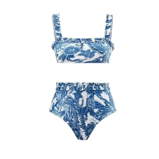Sinderella Female Sex Toys Floral Blue Straight Neck High Waisted Swim Wear With Flare Skirt By Sinderella