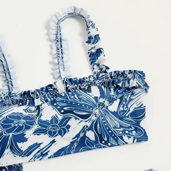 Sinderella Female Sex Toys Floral Blue Straight Neck High Waisted Swim Wear With Flare Skirt By Sinderella