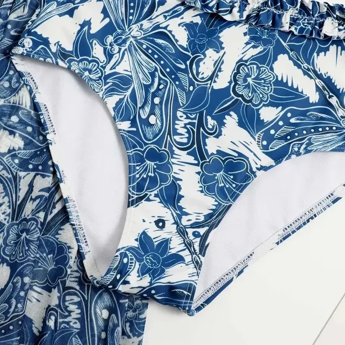 Sinderella Female Sex Toys Floral Blue Straight Neck High Waisted Swim Wear With Flare Skirt By Sinderella