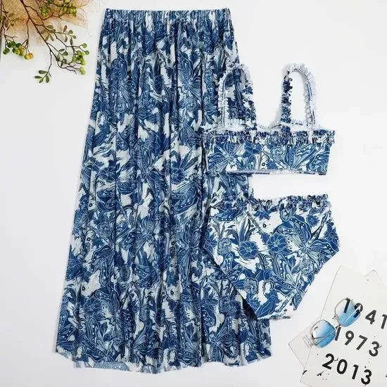 Sinderella Female Sex Toys Floral Blue Straight Neck High Waisted Swim Wear With Flare Skirt By Sinderella