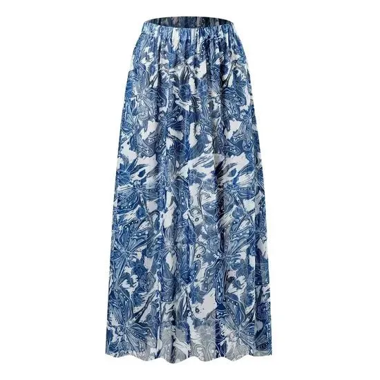 Sinderella Female Sex Toys Floral Blue Straight Neck High Waisted Swim Wear With Flare Skirt By Sinderella