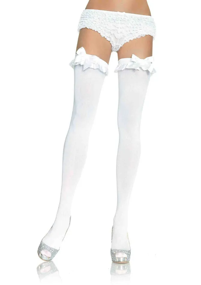 2024 Holiday Sale Specials Opaque Thigh Highs With Satin Ruffle Trim and Bow One Size White Male Sex Toys