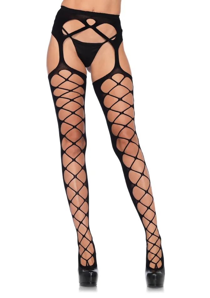 Diamond Net Opaque Stockings With Attached Garter Black One Size Leg Avenue Bodystockings Playsuits Diamond Net Opaque Stockings With Attached Garter Black One Size Leg Avenue Bodystockings Playsuits