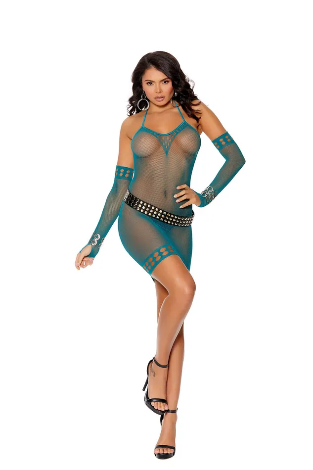Elegant Moments Female Sex Toys Crochet Mini Dress With Matching Gloves