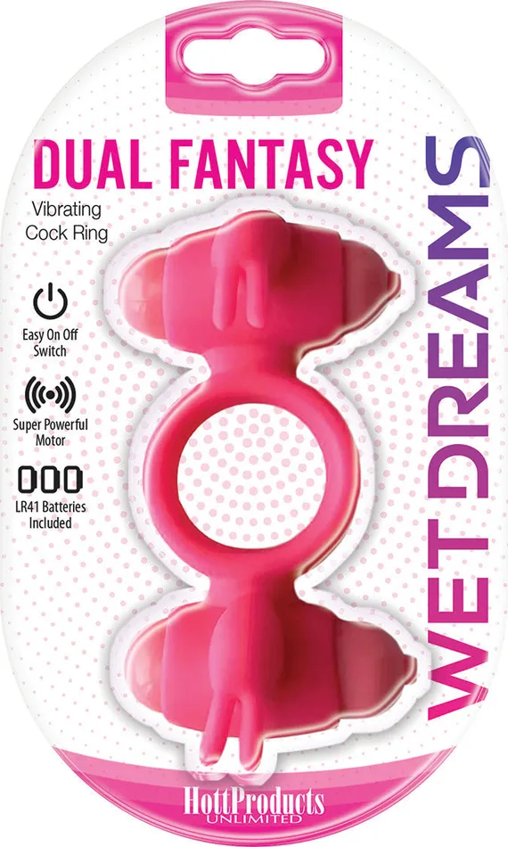 Hott Products Male Sex Toys Wet Dreams Dual Fantasy Cock Ring With Turbo Motors Pink