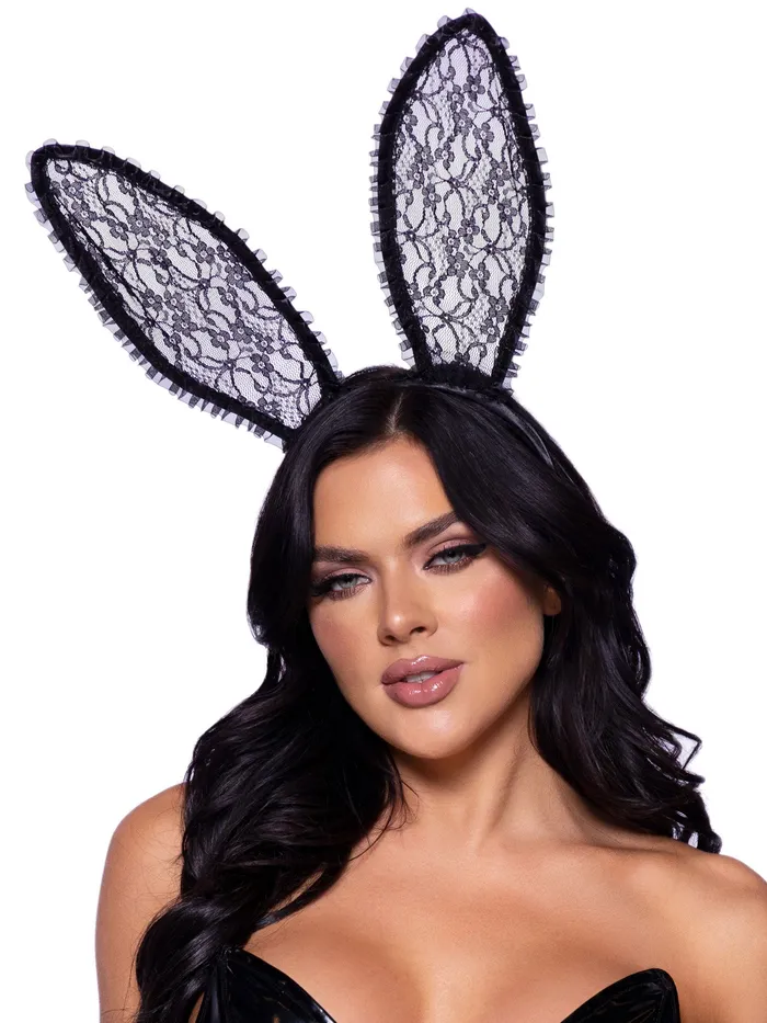 Leg Avenue Vibrators Ruffle Trimmed Bendable Lace Bunny Ears Black