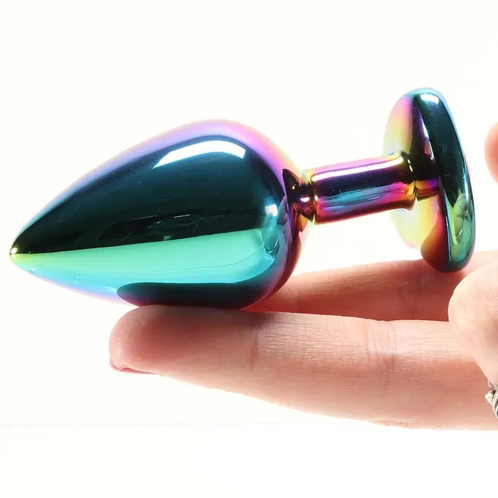 Pink Cherry Female Sex Toys Medium Aluminum Plug with Rainbow Heart Gem in Multicolor