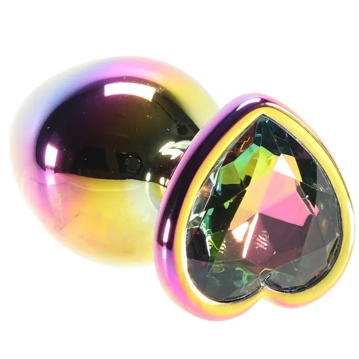 Pink Cherry Female Sex Toys Medium Aluminum Plug with Rainbow Heart Gem in Multicolor