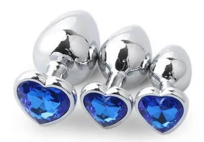 Anal 3pcs Blue Heart Shaped Jewelled Butt Plugs Wild Night Fantasies