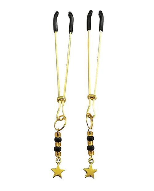 Anal Bijoux De Nip Bijoux de Nip Tweezer Nipple Clamp wBlack Gold Beads wStar Gold Anal Bijoux De Nip Bijoux de Nip Tweezer Nipple Clamp wBlack Gold Beads wStar Gold