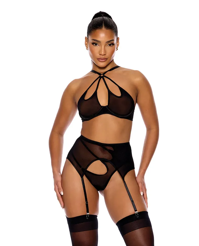Anal FORPLAY Feeling Butterflies Mesh Halterneck Bra wGarter Panty Black XL