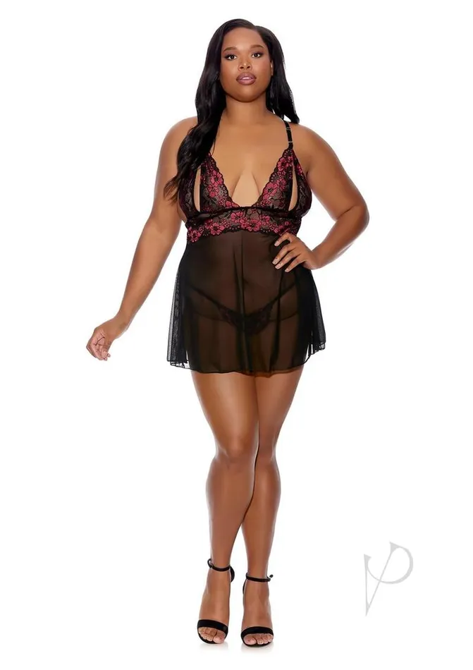 Barely Bare Plus Size Barely Bare Split Cup Babydoll and GString Panty Plus Size Black