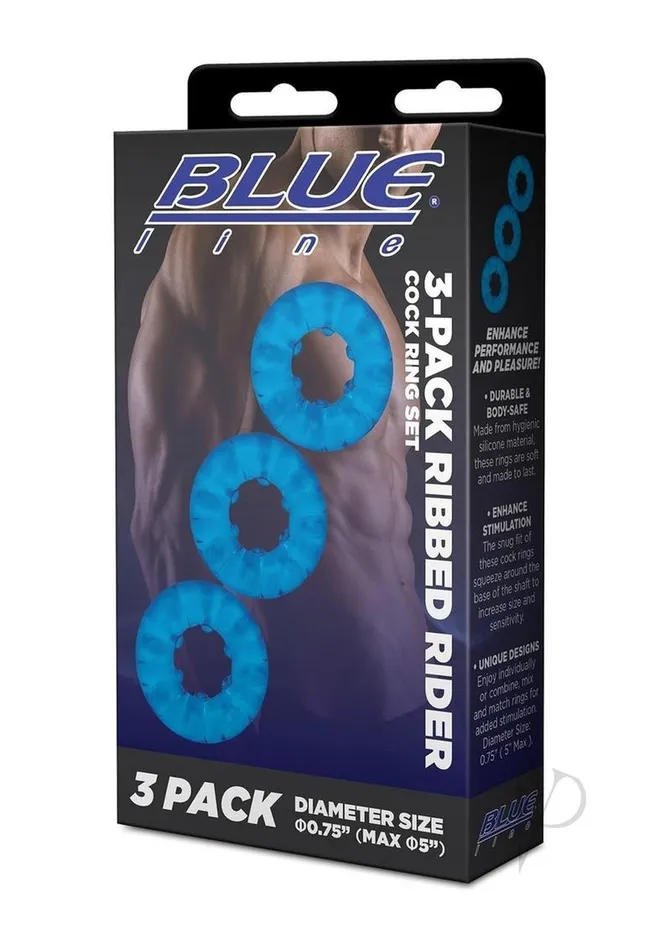 Blue Line Cand B Gear Blue Line Ribbed Rider Cock Ring 3 Pack Blue Male Sex Toys