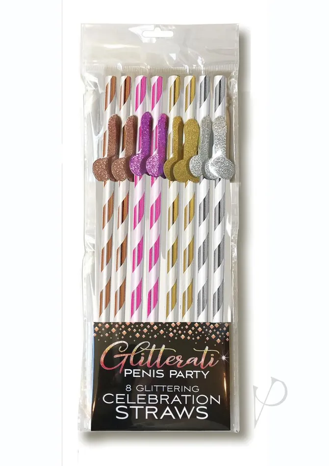 Candyprints Party Male Sex Toys Glitterati Penis Party Tall Celebration Straws 8 Pack Assorted Colors