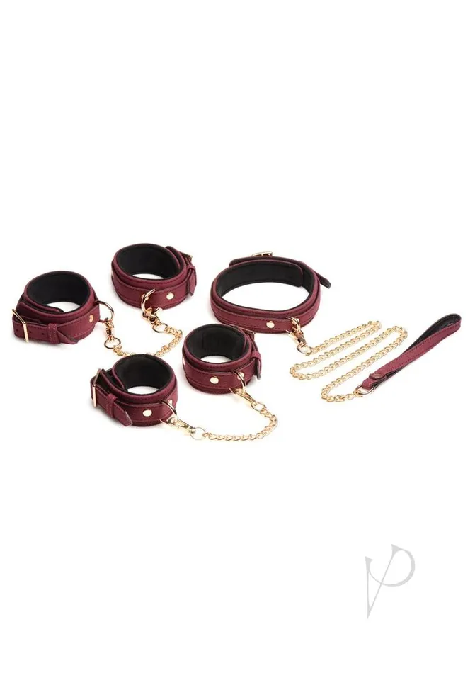 Couples Master Series Velvet Bondage Set Cuffs Collar and Leash 6 piece Burgundy Master Series