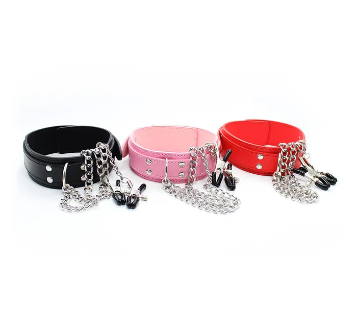 Couples Wild Night Fantasies Leather Necklace Choker with Nipple Clamps