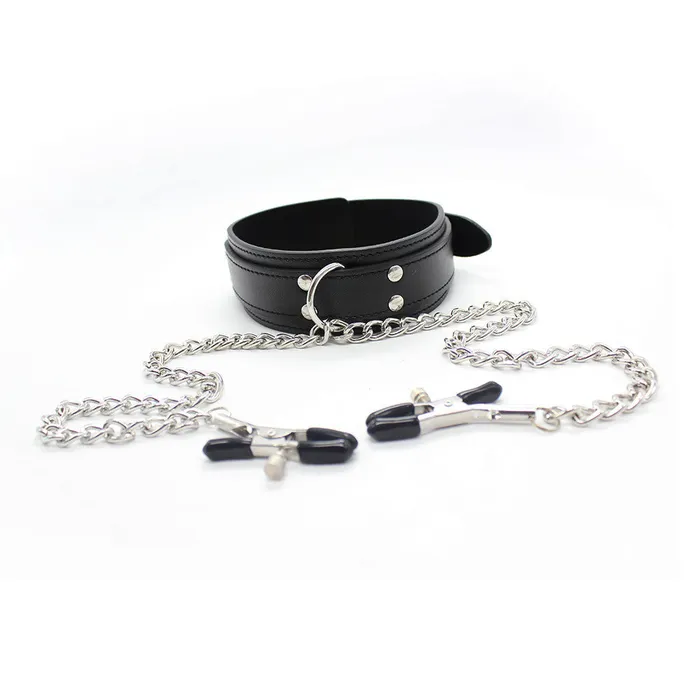 Couples Wild Night Fantasies Leather Necklace Choker with Nipple Clamps