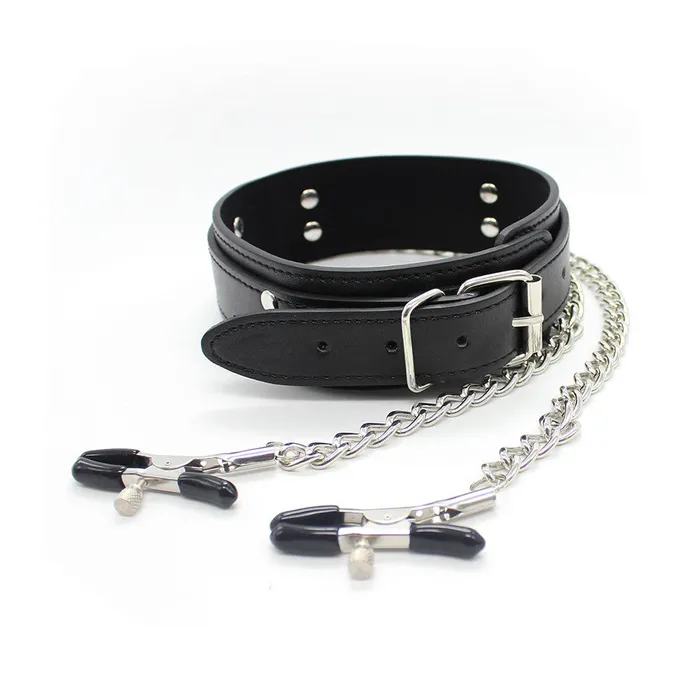 Couples Wild Night Fantasies Leather Necklace Choker with Nipple Clamps
