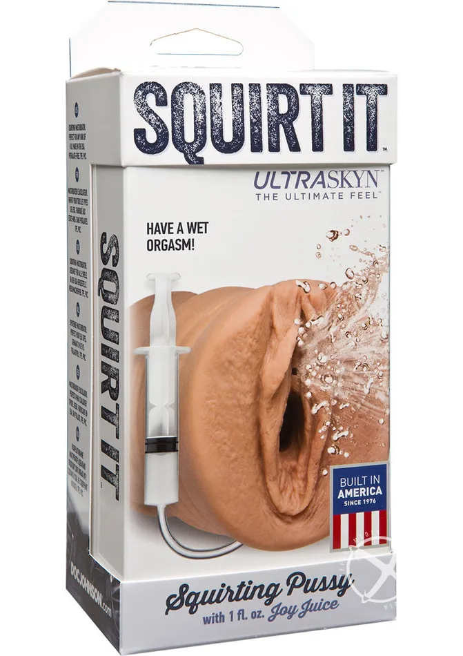 Doc Johnson Male Sex Toys Squirt It Ultraskyn Squirting Masturbator with 1oz Joy Juice Pussy Caramel