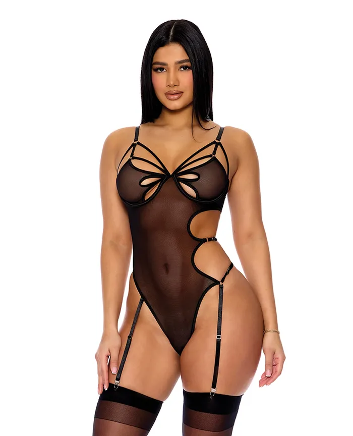 Feeling Butterflies Mesh Teddy wGarters Black SM FORPLAY Anal