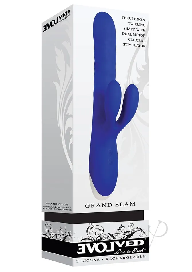 Female Sex Toys Evolved Grand Slam Thrusting and Twirling Rechargeable Silicone Vibrator with Clitoral Stimulator Blue