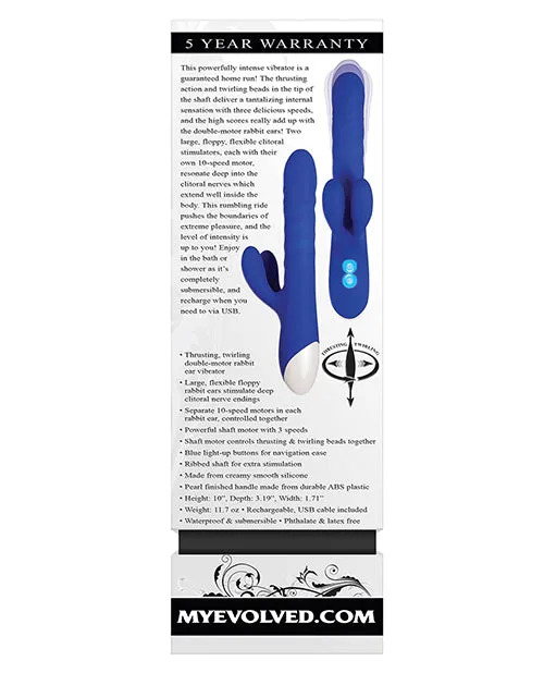 Female Sex Toys Evolved Grand Slam Thrusting and Twirling Rechargeable Silicone Vibrator with Clitoral Stimulator Blue